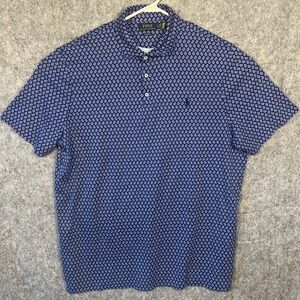 Polo Ralph Lauren Mens XL Classic Fit Paisley Print Cotton Polo Shirt Blue White